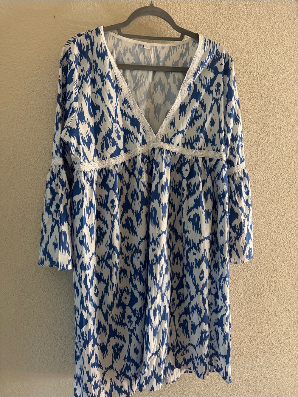 Blue and White V-Neck Printed Babydoll Dress